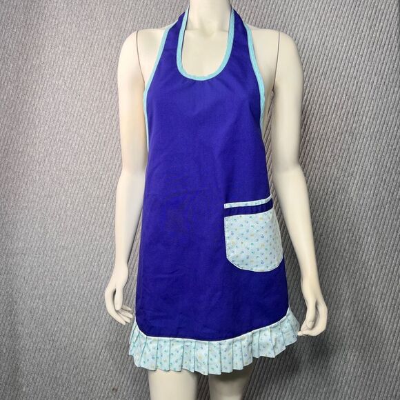 Retro Apron Handmade Halter Pocket‎ Ruffles Blue Cute Chef Cottage Bow Floral - Picture 1 of 4